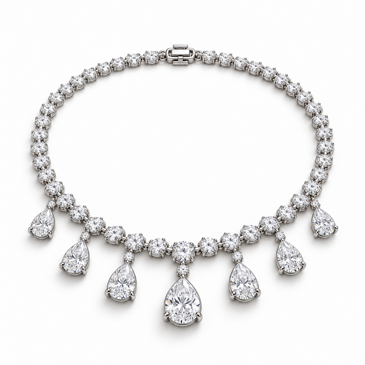 Angled view of Dew Garland necklace showing the round diamond line and seven pear drops