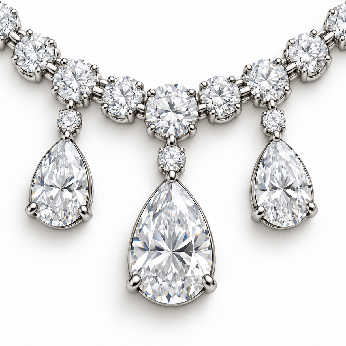 Close view of Dew Garland center pear drop and round-diamond connectors