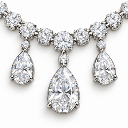 Close view of Dew Garland center pear drop and round-diamond connectors