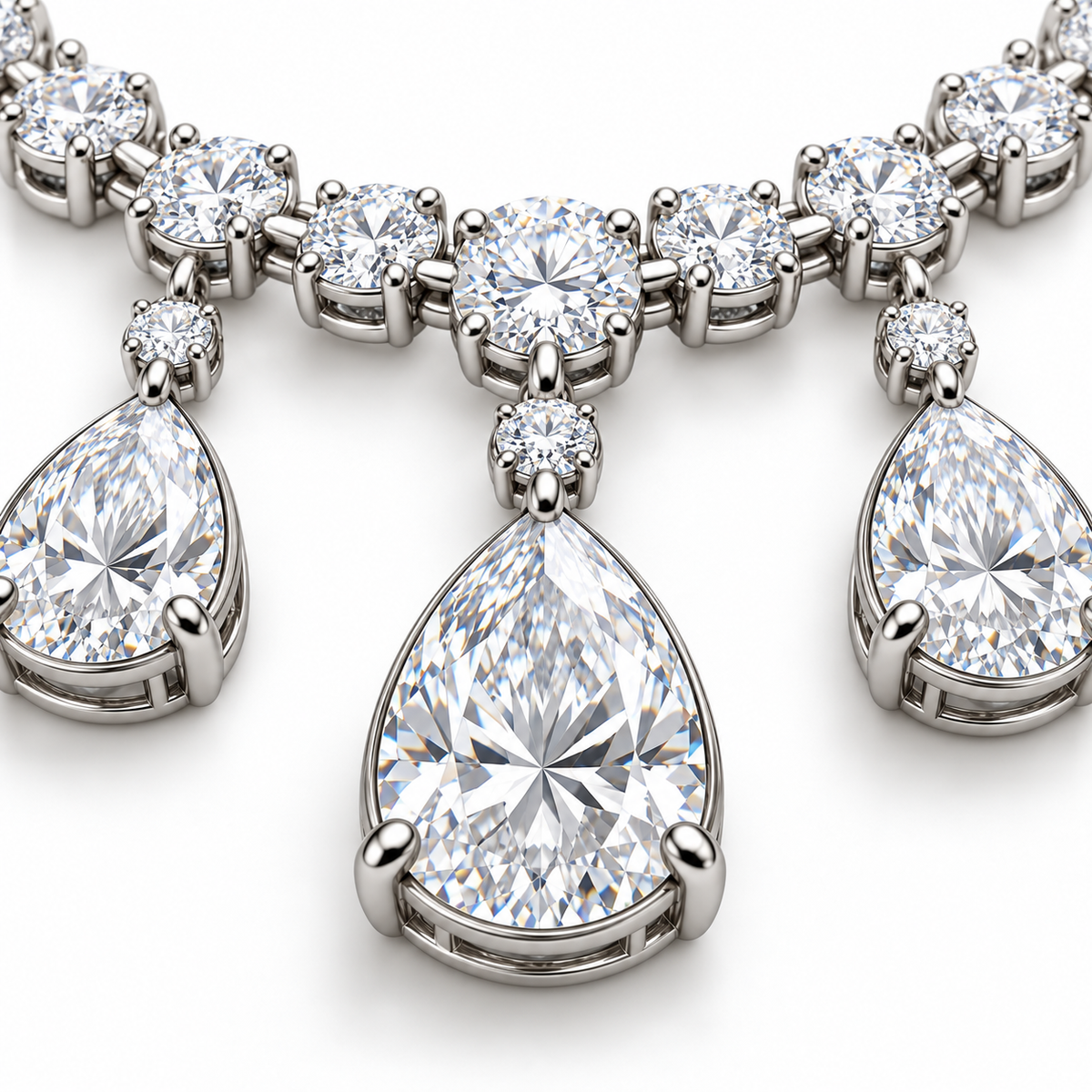 Side detail of Dew Garland necklace showing pear-drop setting baskets and connecting links