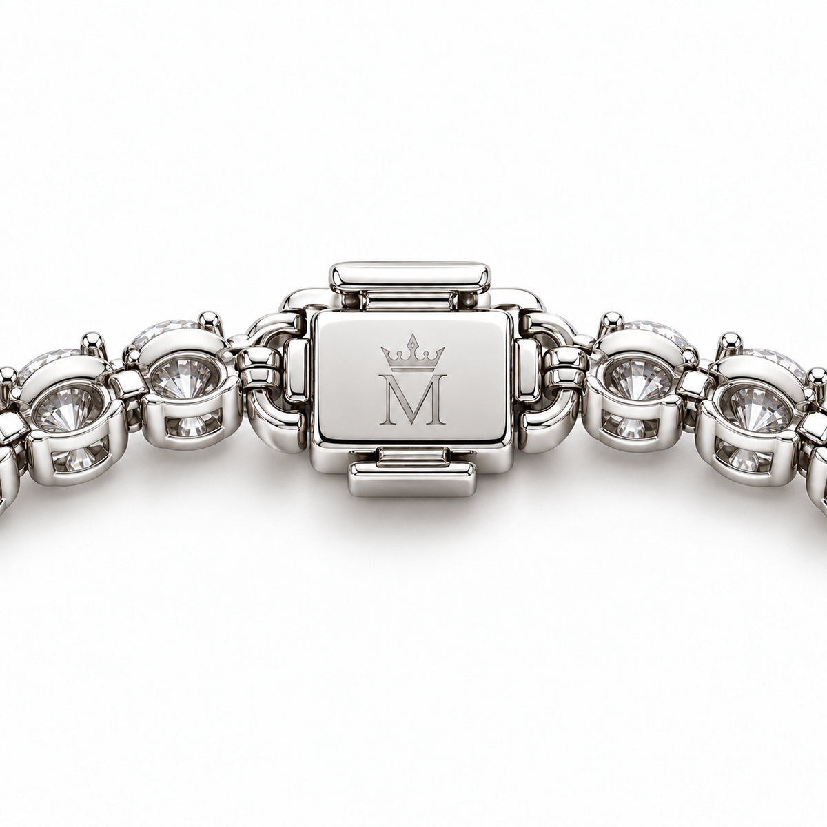 Dew Garland clasp underside with official crowned-M engraving and open-backed round diamond settings