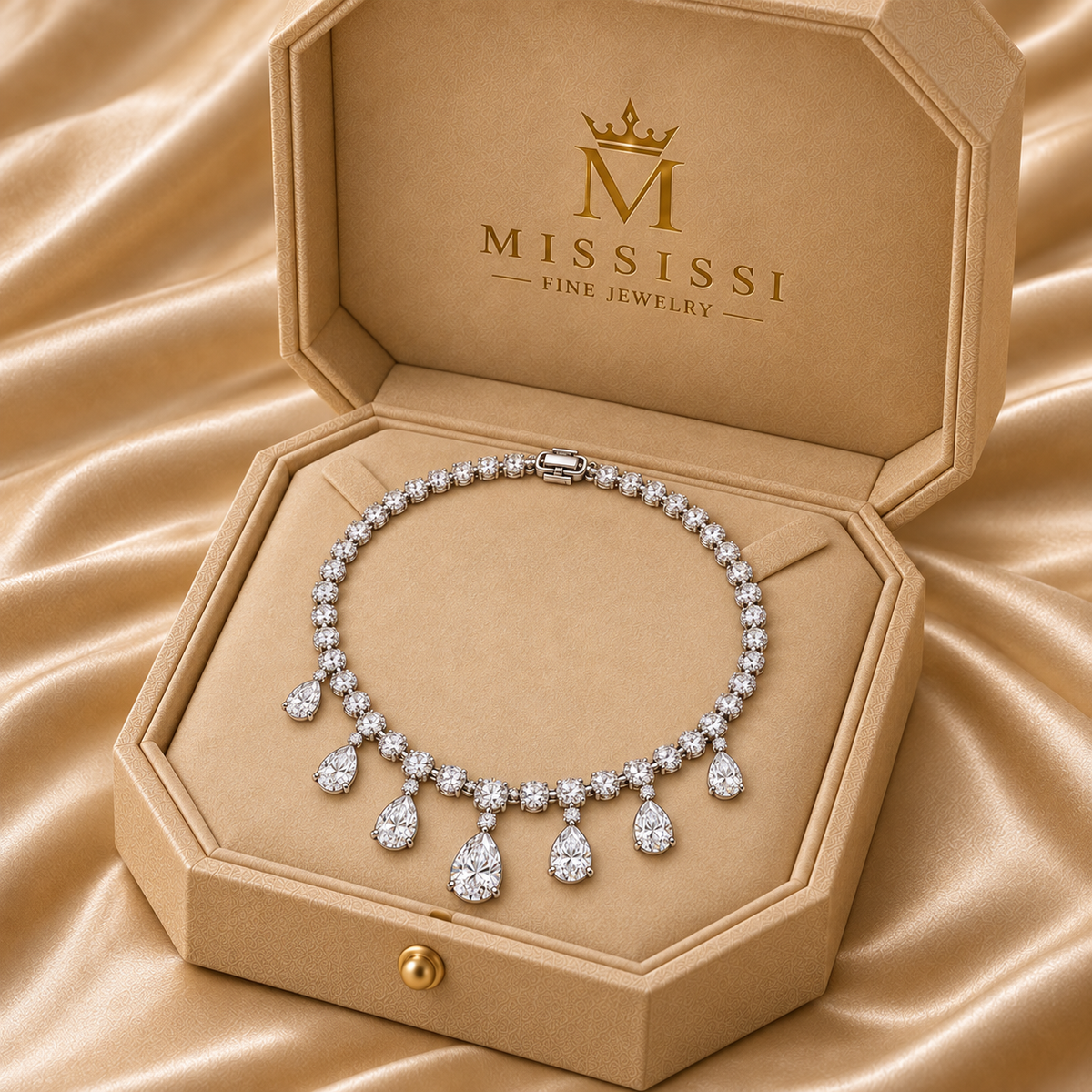 Dew Garland necklace in champagne MISSISSI packaging with official crowned-M and wordmark