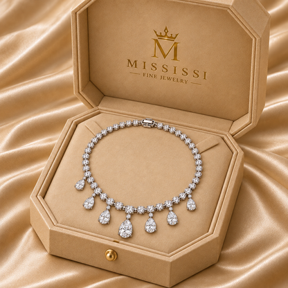 Dew Garland necklace in champagne MISSISSI packaging with official crowned-M and wordmark