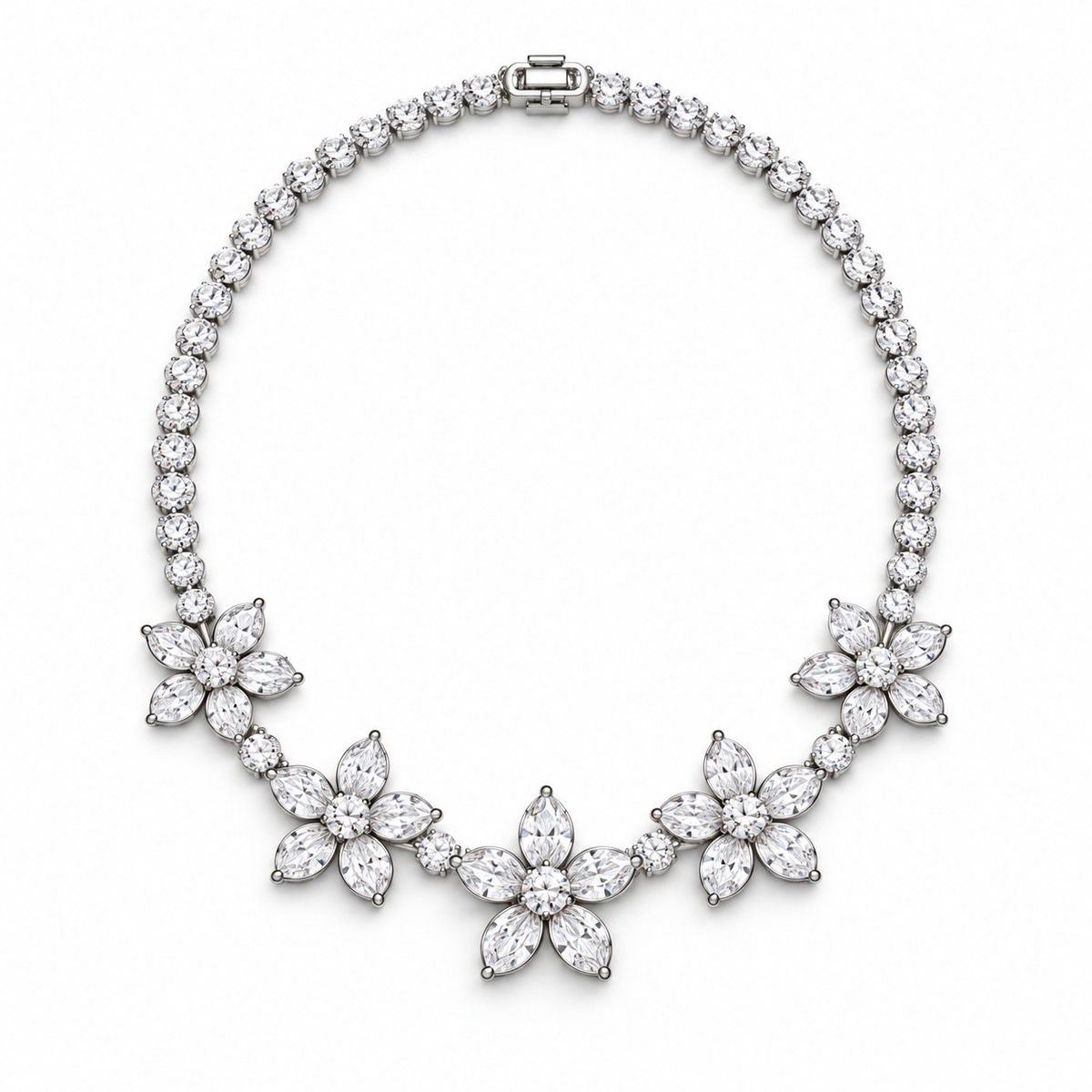 Five Petals lab-grown diamond necklace with five five-petal floral stations, front view