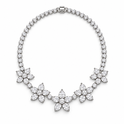 Five Petals lab-grown diamond necklace with five five-petal floral stations, front view
