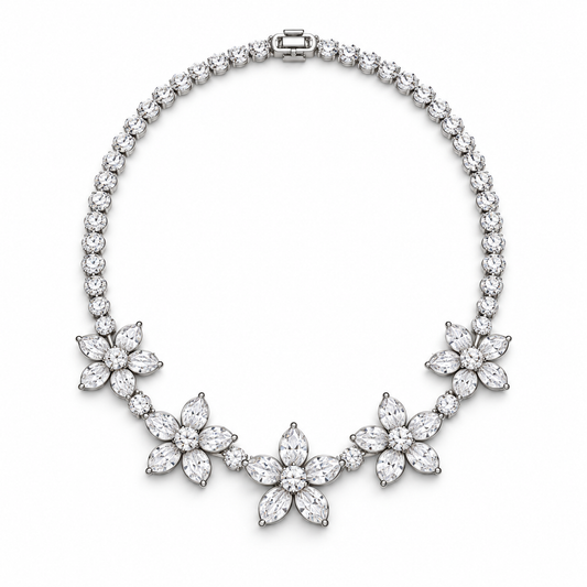 Five Petals lab-grown diamond necklace with five five-petal floral stations, front view