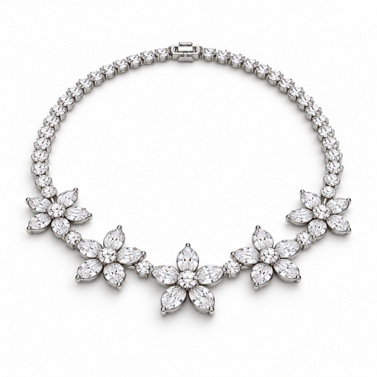 Angled view of Five Petals necklace showing five flowers connected by round diamonds