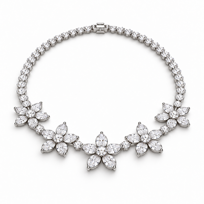 Angled view of Five Petals necklace showing five flowers connected by round diamonds