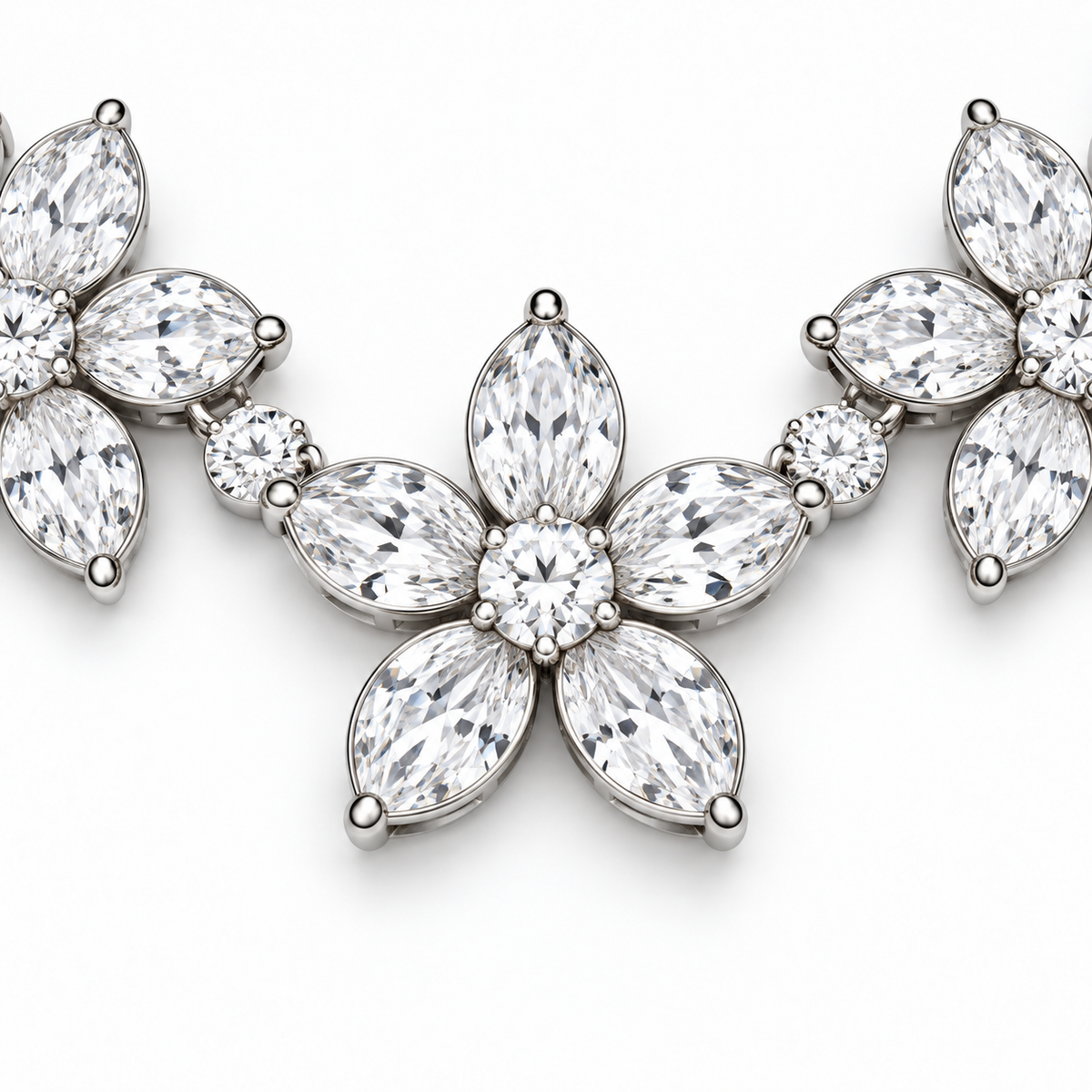 Close view of a five-marquise-petal flower with round center on Five Petals necklace