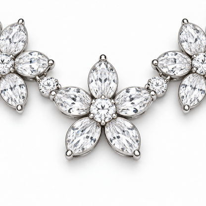 Close view of a five-marquise-petal flower with round center on Five Petals necklace