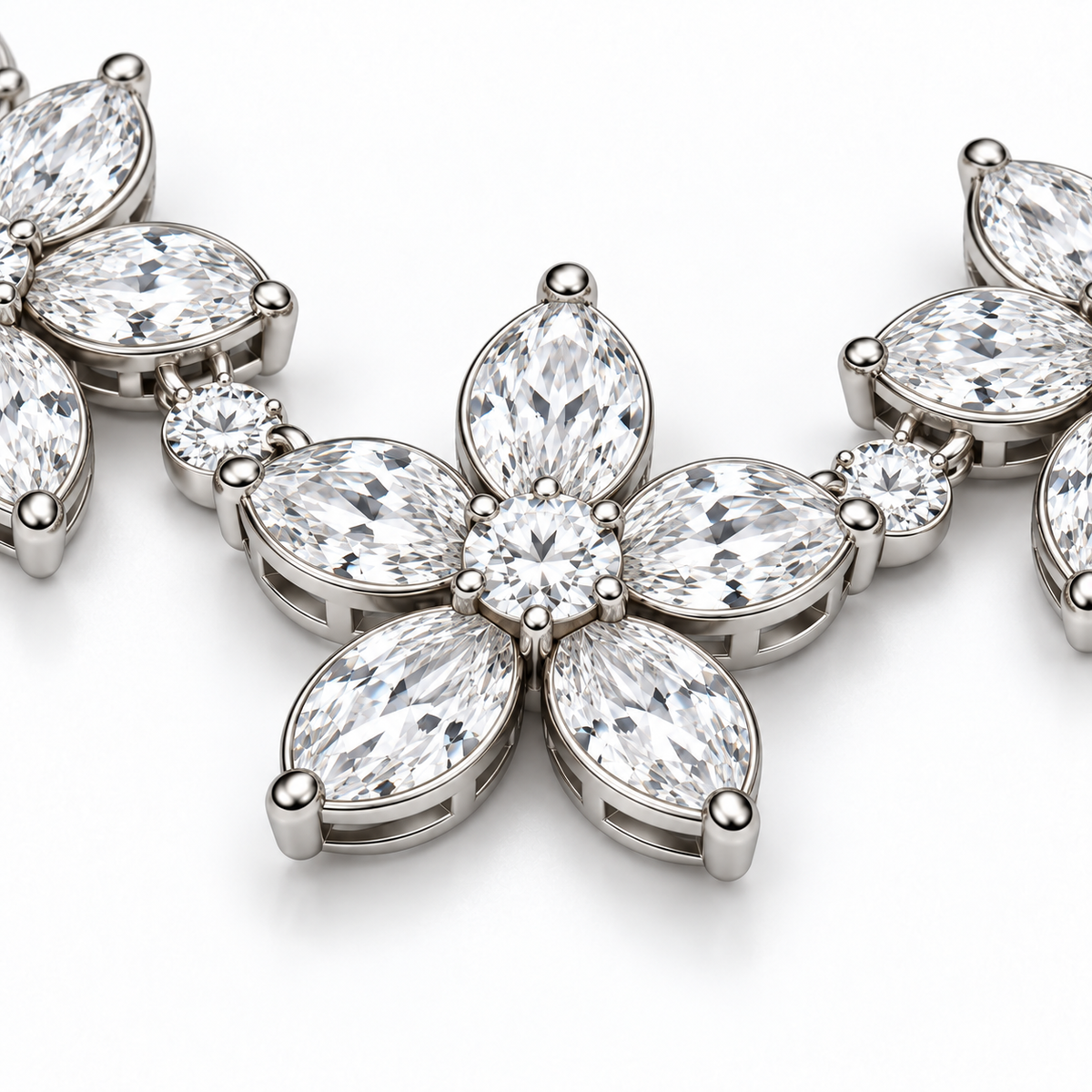 Side view of floral diamond settings and connecting links on Five Petals necklace