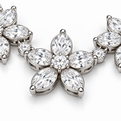 Side view of floral diamond settings and connecting links on Five Petals necklace