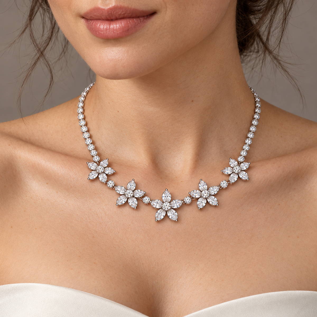 Adult model with light skin wearing the Five Petals floral diamond necklace