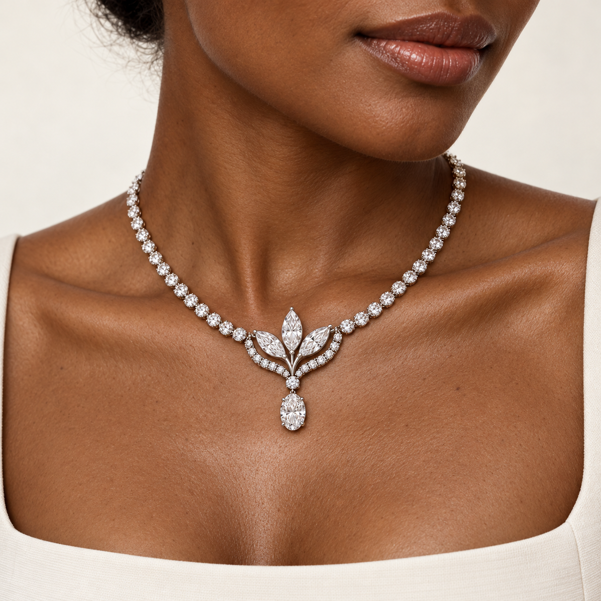 MISSISSI Lily Pendant Marquise and Oval lab-grown diamond necklace design, wearing visualization on a dark-skinned adult model