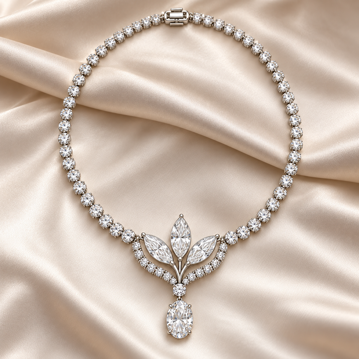 MISSISSI Lily Pendant Marquise and Oval lab-grown diamond necklace design, complete necklace in an editorial setting