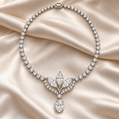 MISSISSI Lily Pendant Marquise and Oval lab-grown diamond necklace design, complete necklace in an editorial setting