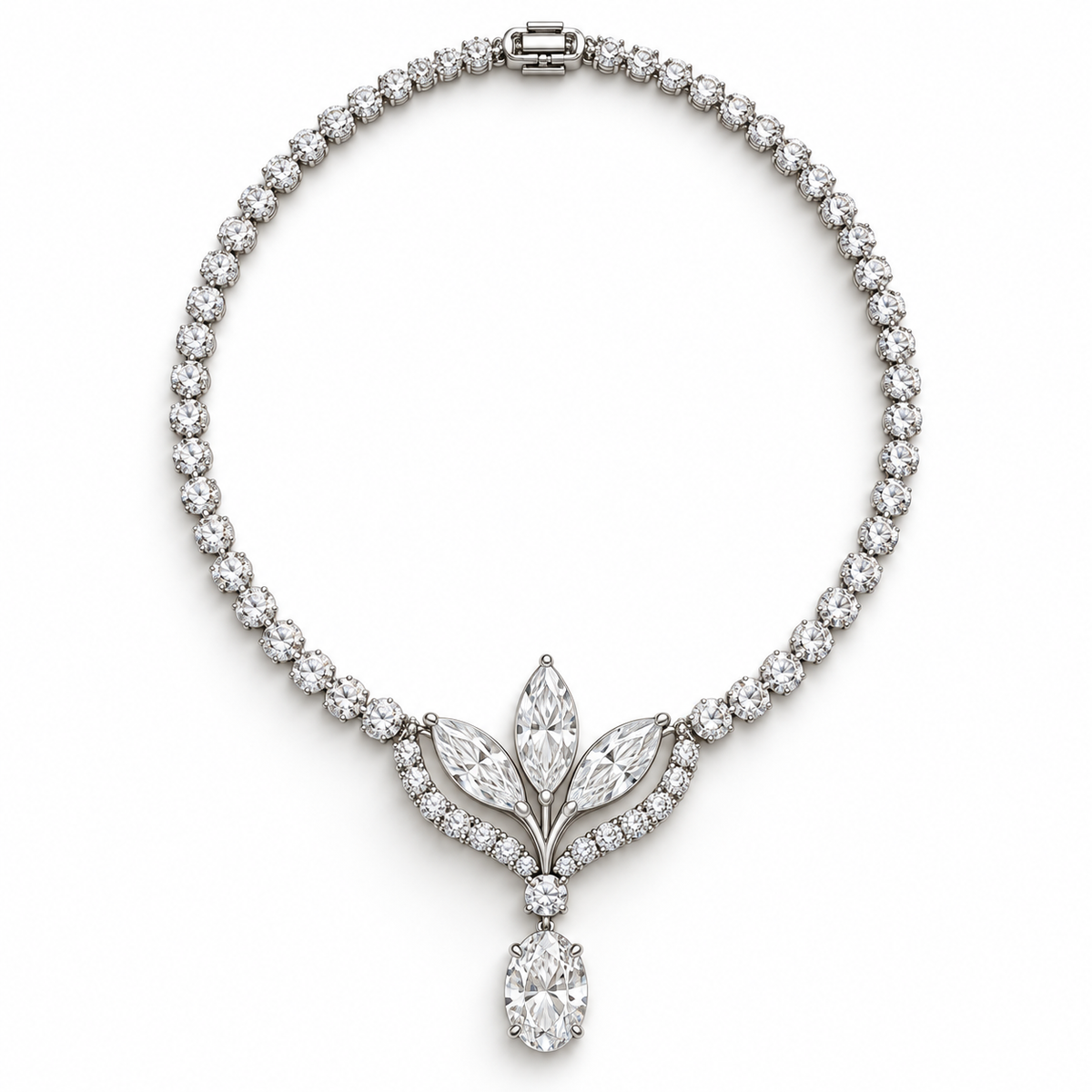 MISSISSI Lily Pendant lab-grown diamond necklace design with three marquise petals and an oval drop, complete white-background view
