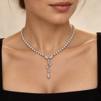 MISSISSI Vine Lariat Marquise Y lab-grown diamond necklace design, wearing visualization on a light-skinned adult model