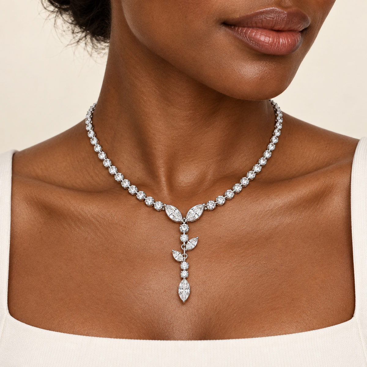 MISSISSI Vine Lariat Marquise Y lab-grown diamond necklace design, wearing visualization on a dark-skinned adult model