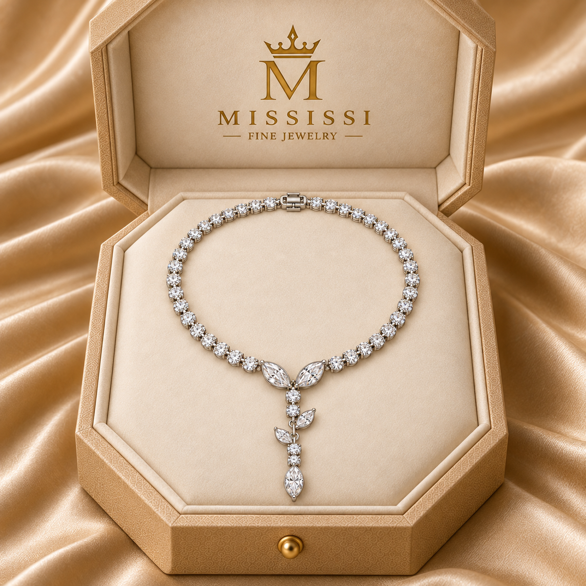 MISSISSI Vine Lariat Marquise Y lab-grown diamond necklace design, presentation in the MISSISSI jewelry box