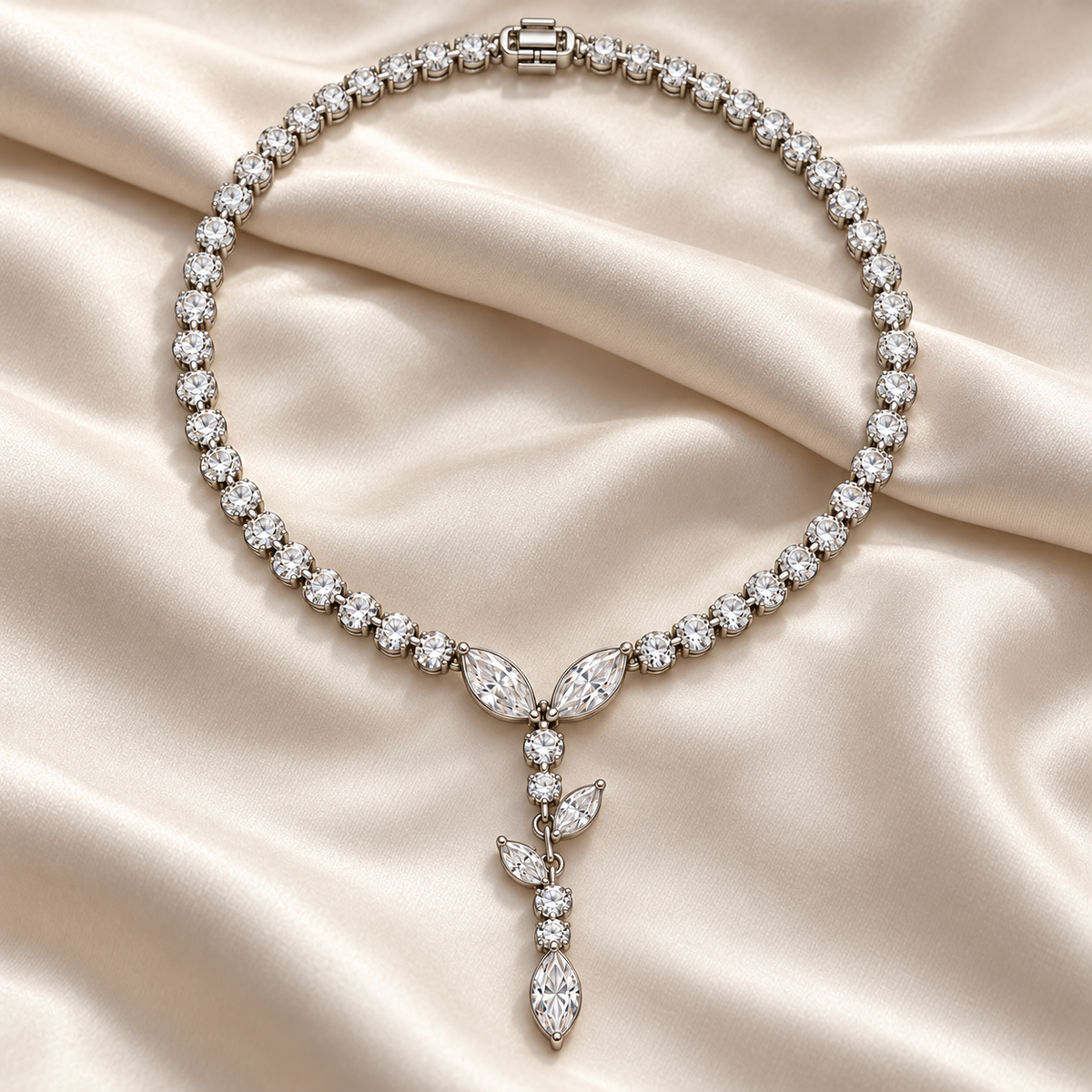 MISSISSI Vine Lariat Marquise Y lab-grown diamond necklace design, complete necklace in an editorial setting