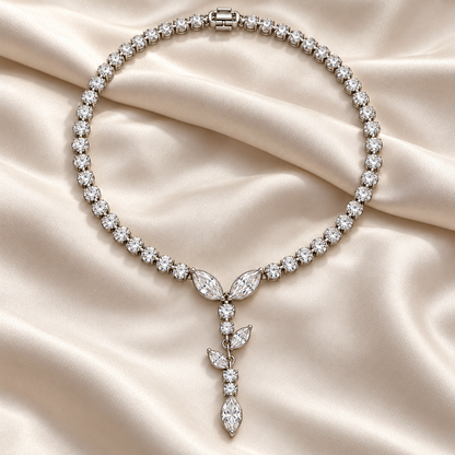 MISSISSI Vine Lariat Marquise Y lab-grown diamond necklace design, complete necklace in an editorial setting