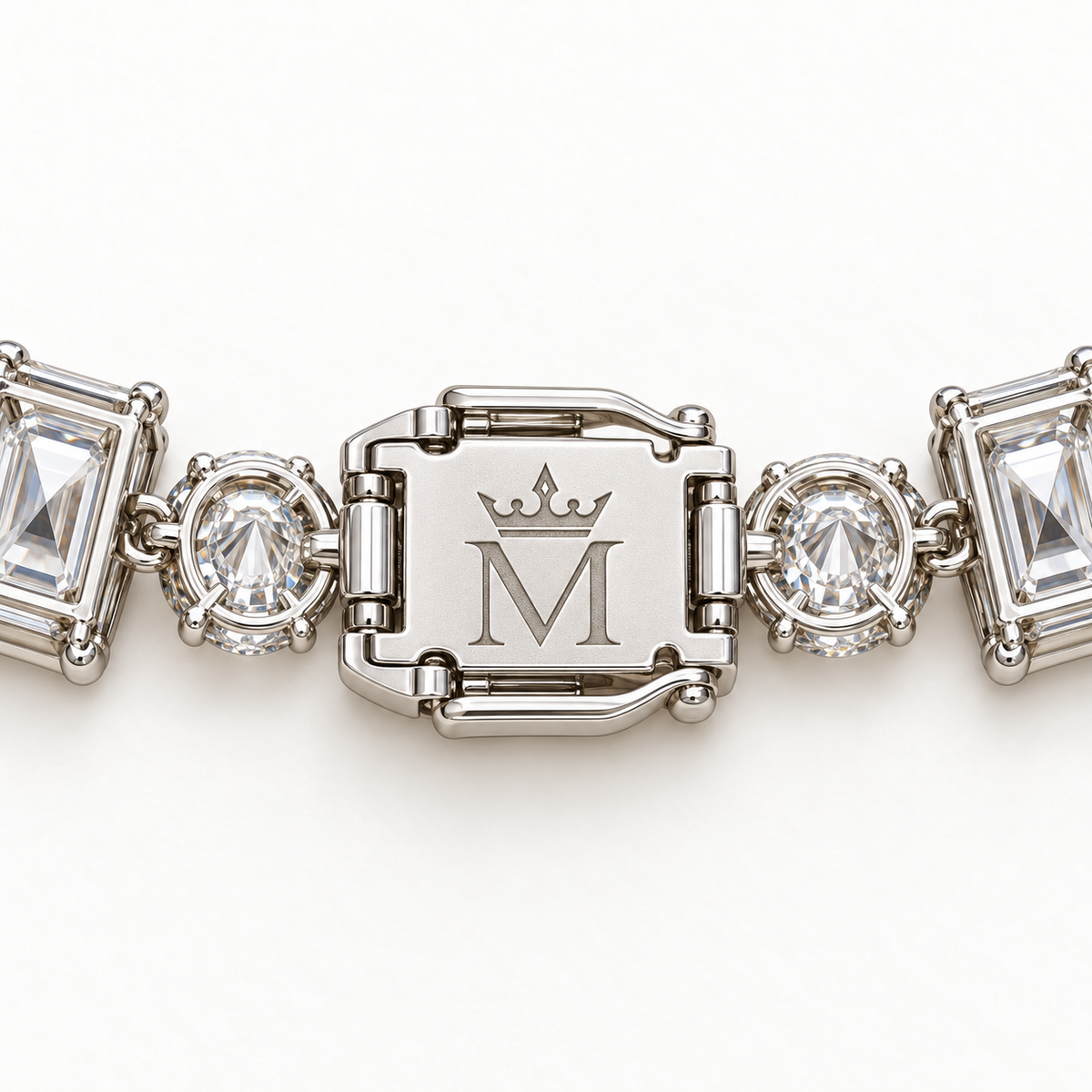 MISSISSI Emerald Rhythm Emerald-Cut lab-grown diamond necklace design, clasp underside with crowned-M engraving