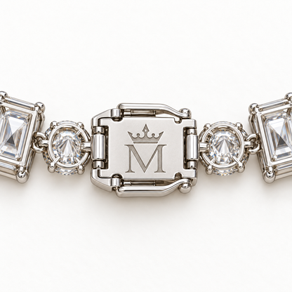 MISSISSI Emerald Rhythm Emerald-Cut lab-grown diamond necklace design, clasp underside with crowned-M engraving