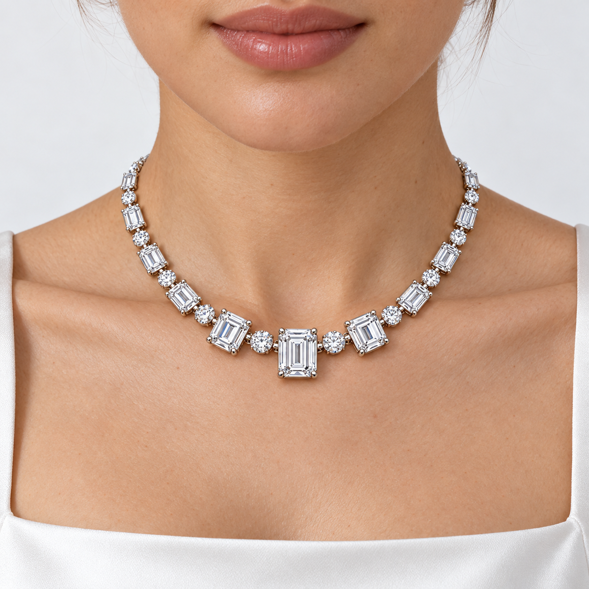 MISSISSI Emerald Rhythm Emerald-Cut lab-grown diamond necklace design, wearing visualization on a light-skinned adult model