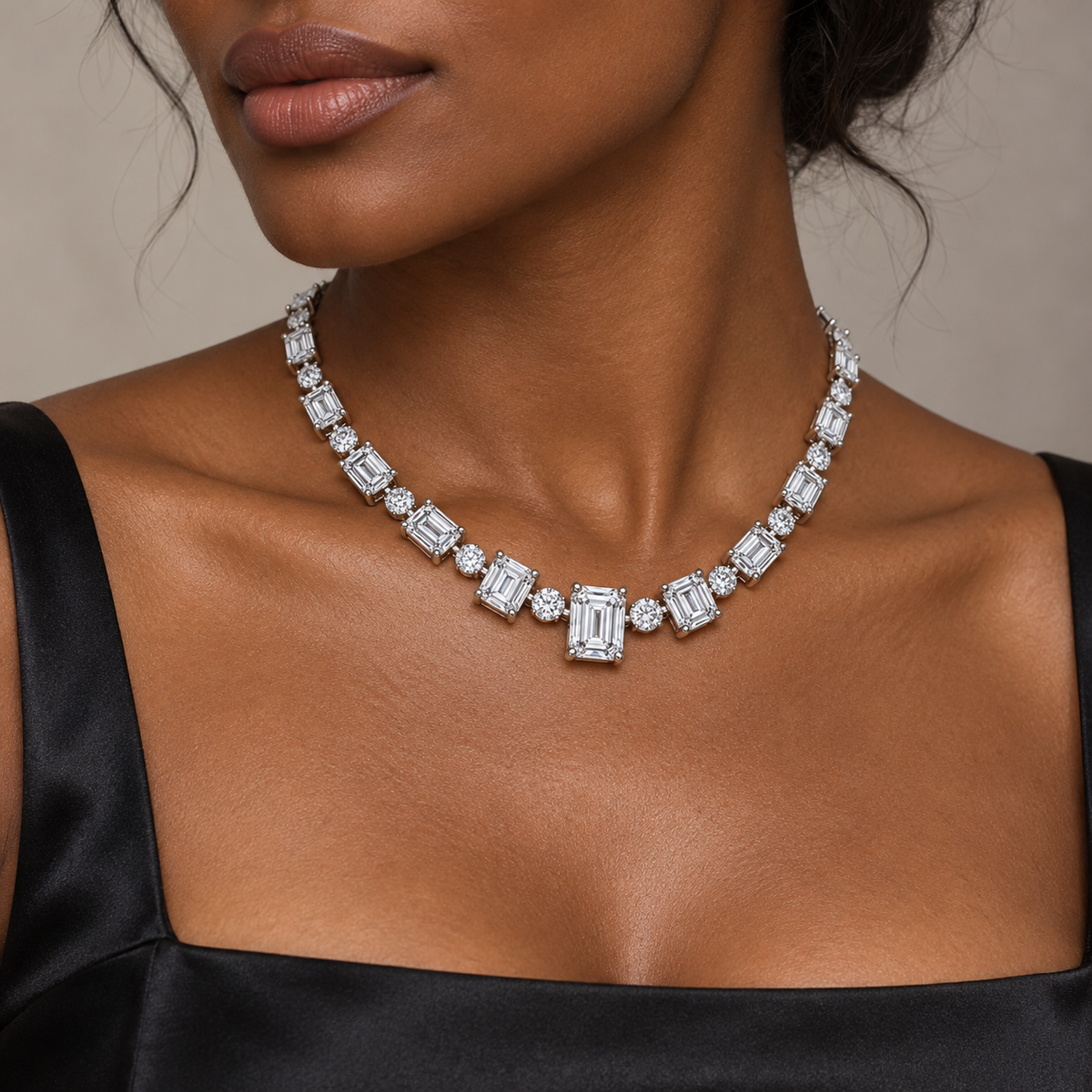 MISSISSI Emerald Rhythm Emerald-Cut lab-grown diamond necklace design, wearing visualization on a dark-skinned adult model
