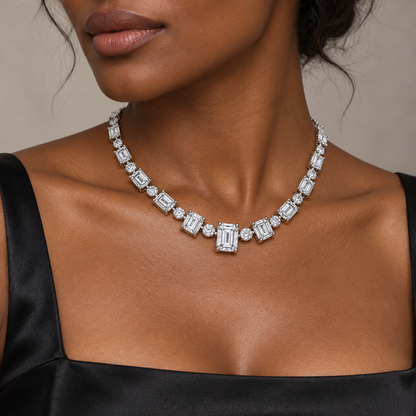 MISSISSI Emerald Rhythm Emerald-Cut lab-grown diamond necklace design, wearing visualization on a dark-skinned adult model