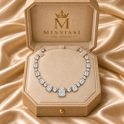 MISSISSI Emerald Rhythm Emerald-Cut lab-grown diamond necklace design, presentation in the MISSISSI jewelry box
