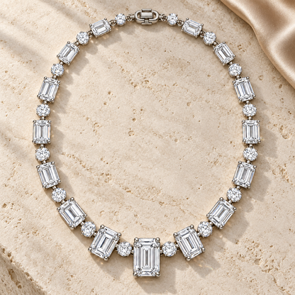 MISSISSI Emerald Rhythm Emerald-Cut lab-grown diamond necklace design, complete necklace in an editorial setting