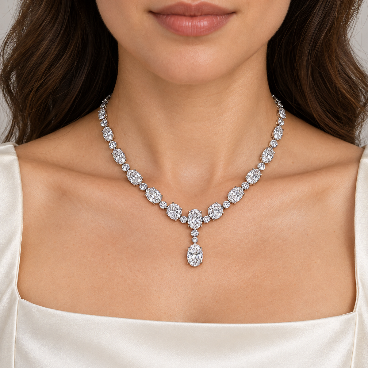 MISSISSI Oval Sonata Graduated Oval lab-grown diamond necklace design, wearing visualization on a light-skinned adult model