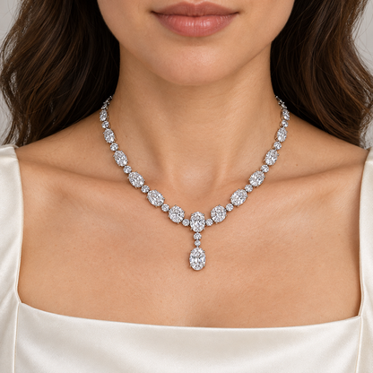 MISSISSI Oval Sonata Graduated Oval lab-grown diamond necklace design, wearing visualization on a light-skinned adult model