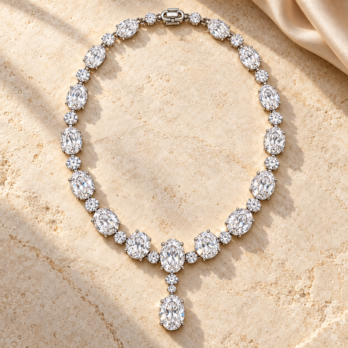 MISSISSI Oval Sonata Graduated Oval lab-grown diamond necklace design, complete necklace in an editorial setting