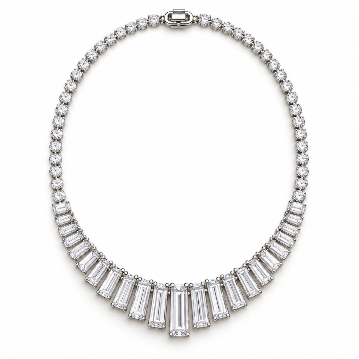 MISSISSI Baguette Fan Graduated Baguette lab-grown diamond necklace design, complete white-background view