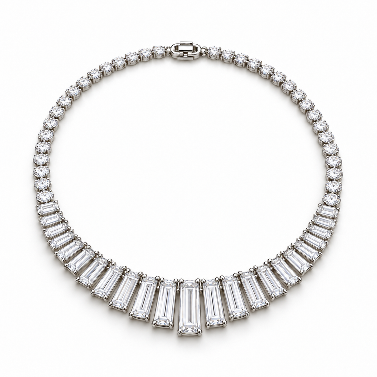 MISSISSI Baguette Fan Graduated Baguette lab-grown diamond necklace design, oblique complete-necklace view