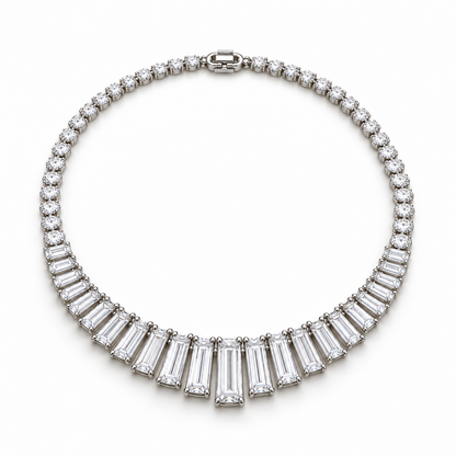 MISSISSI Baguette Fan Graduated Baguette lab-grown diamond necklace design, oblique complete-necklace view