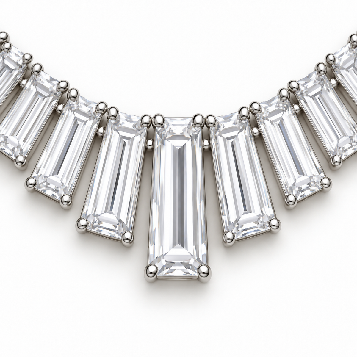 MISSISSI Baguette Fan Graduated Baguette lab-grown diamond necklace design, focal diamond setting detail