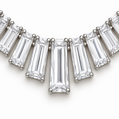 MISSISSI Baguette Fan Graduated Baguette lab-grown diamond necklace design, focal diamond setting detail