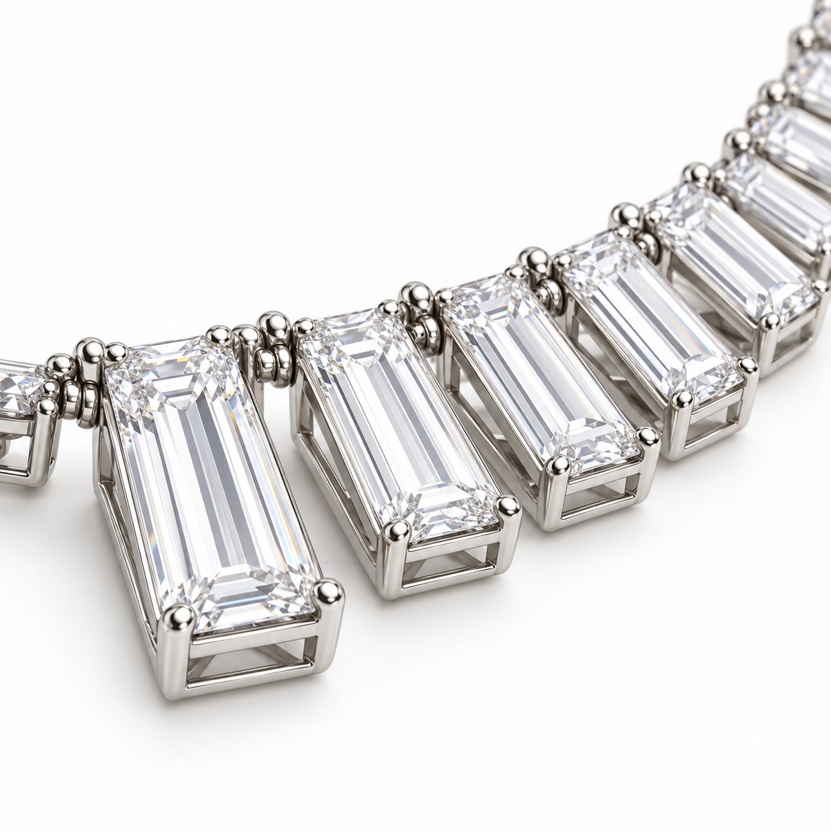 MISSISSI Baguette Fan Graduated Baguette lab-grown diamond necklace design, articulated setting and open-gallery detail