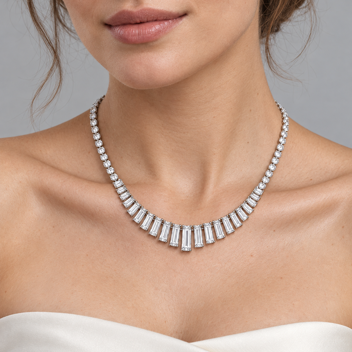 MISSISSI Baguette Fan Graduated Baguette lab-grown diamond necklace design, wearing visualization on a light-skinned adult model