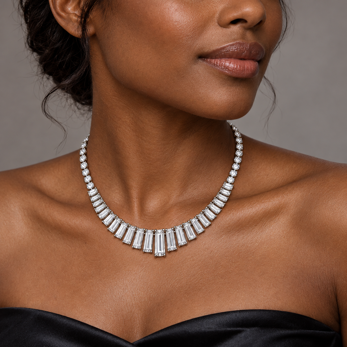MISSISSI Baguette Fan Graduated Baguette lab-grown diamond necklace design, wearing visualization on a dark-skinned adult model
