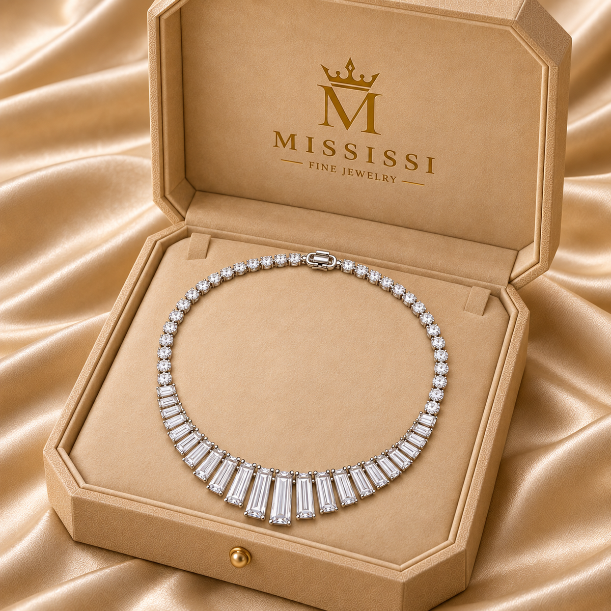 MISSISSI Baguette Fan Graduated Baguette lab-grown diamond necklace design, presentation in the MISSISSI jewelry box