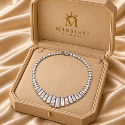 MISSISSI Baguette Fan Graduated Baguette lab-grown diamond necklace design, presentation in the MISSISSI jewelry box