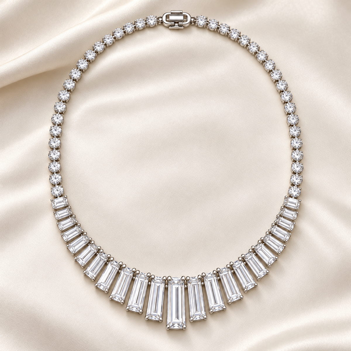 MISSISSI Baguette Fan Graduated Baguette lab-grown diamond necklace design, complete necklace in an editorial setting