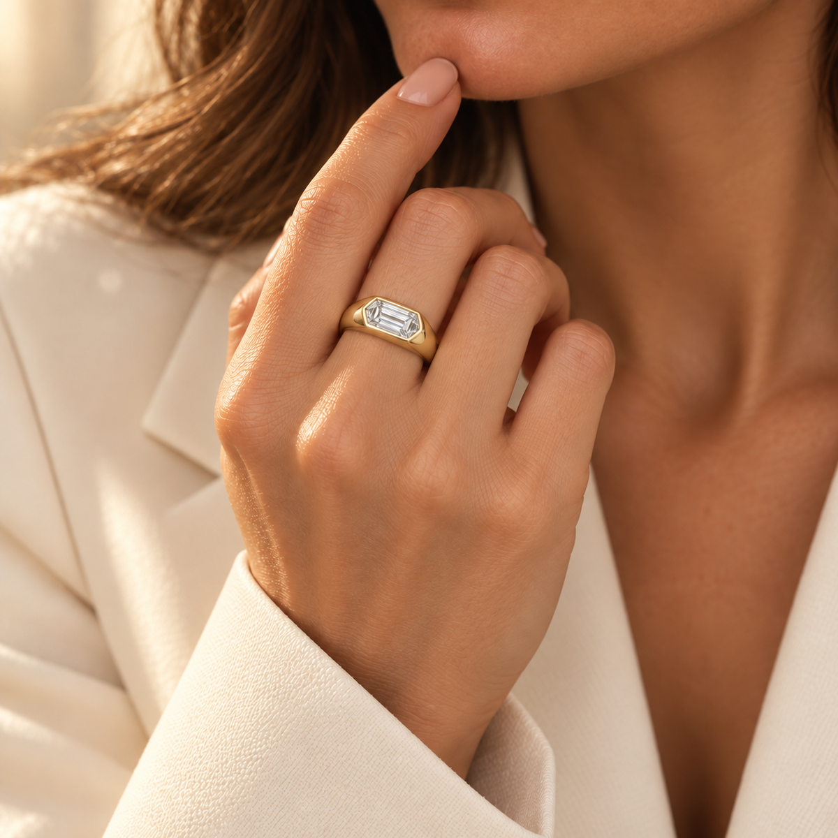 MISSISSI Dune 2 carat hexagonal lab-grown diamond signet ring in 14K yellow gold, worn by model
