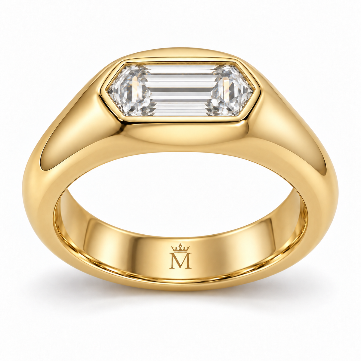 MISSISSI Dune 2 carat hexagonal lab-grown diamond signet ring in 14K yellow gold, front view showing the inner crowned-M mark