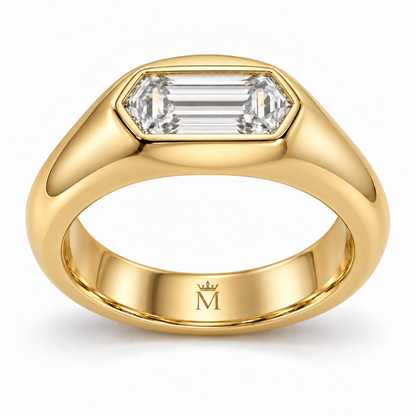 MISSISSI Dune 2 carat hexagonal lab-grown diamond signet ring in 14K yellow gold, front view showing the inner crowned-M mark